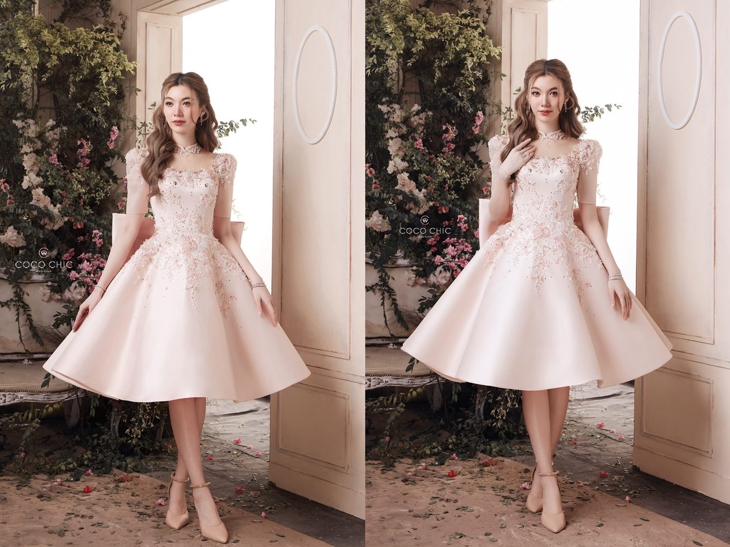 ชุดยกน้ำชาสีขาวโทนสีชมพูอ่อน