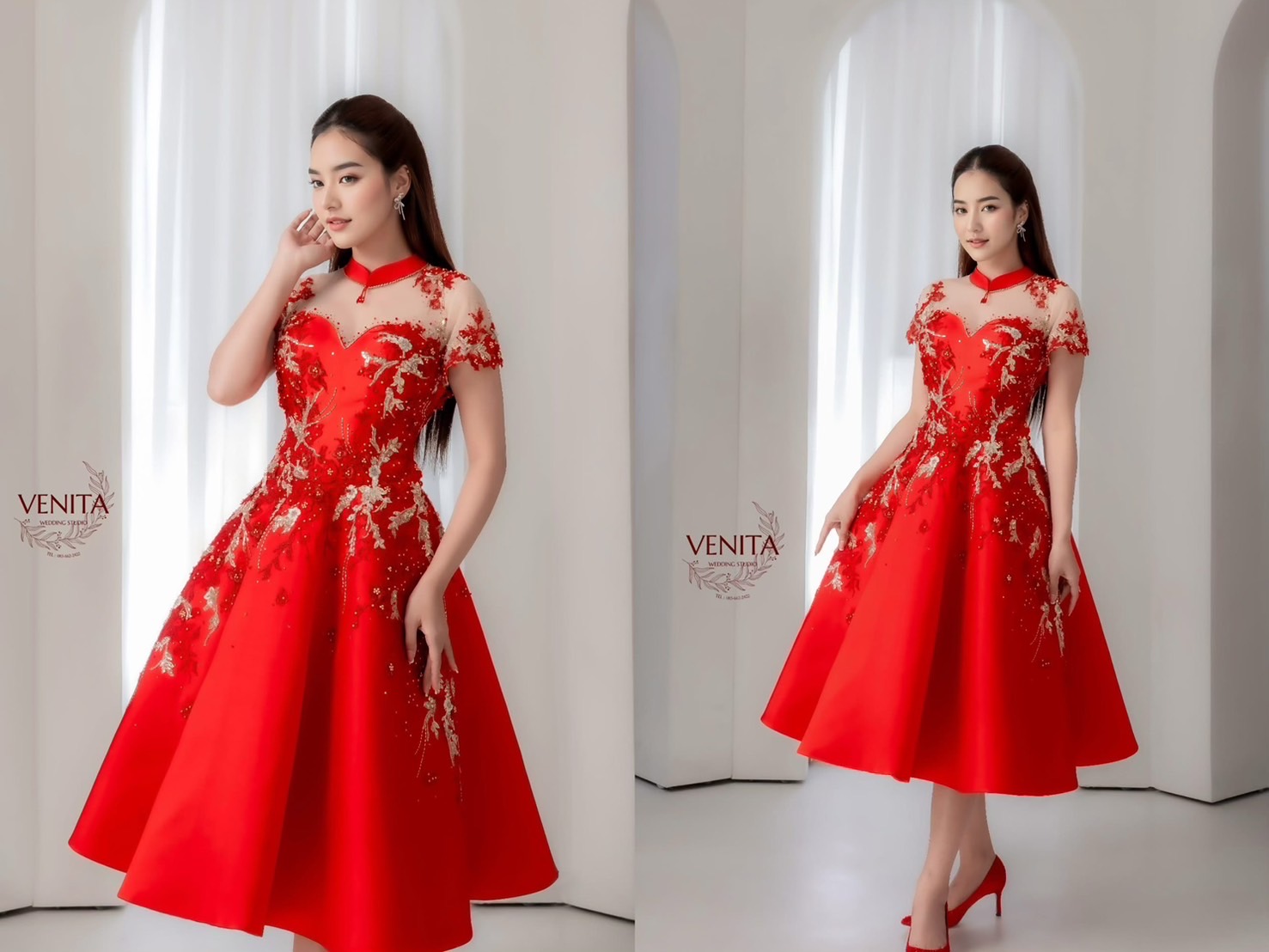 ชุดยกน้ำชาสีแดงคอเสื้อซีทรูหัวใจ