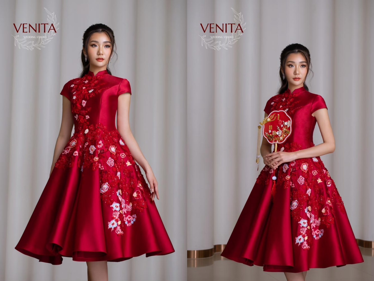 ชุดยกน้ำชาสีแดงแบบปักลายสีอ่อน