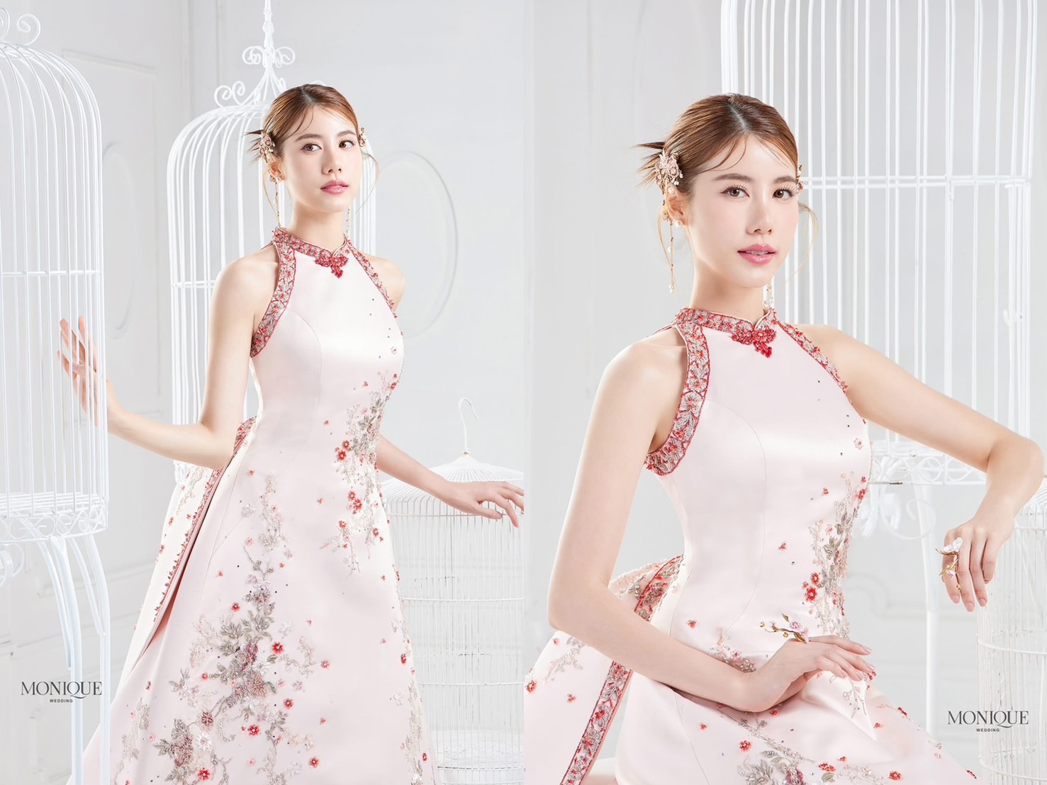 ชุดยกน้ำชาเจ้าสาวสีชมพูอ่อนโดดเด่นด้วยลายปักสีแดง