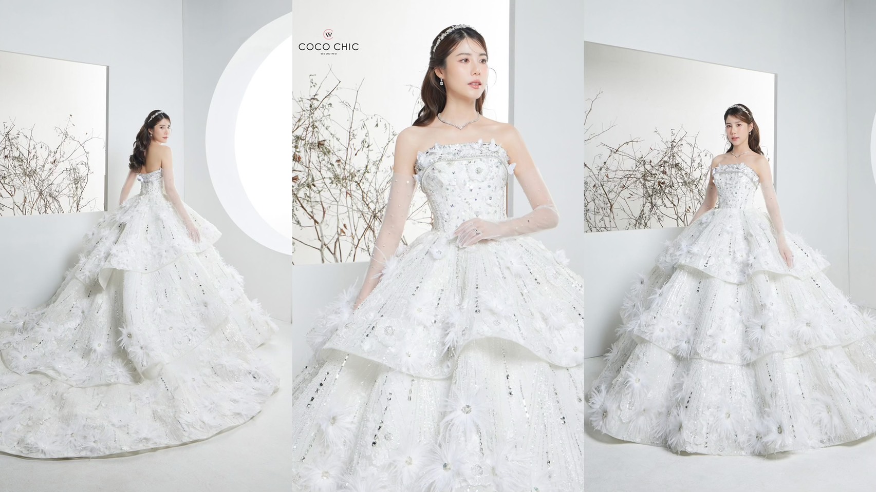 ชุดเจ้าสาวอกเล็กดีเทลเรียบหรูประดับขนนก