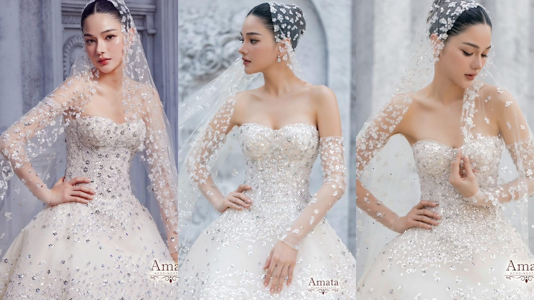 ชุดเจ้าสาวอกเล็กงานผ้าลูกไม้ประดับคริสตัล