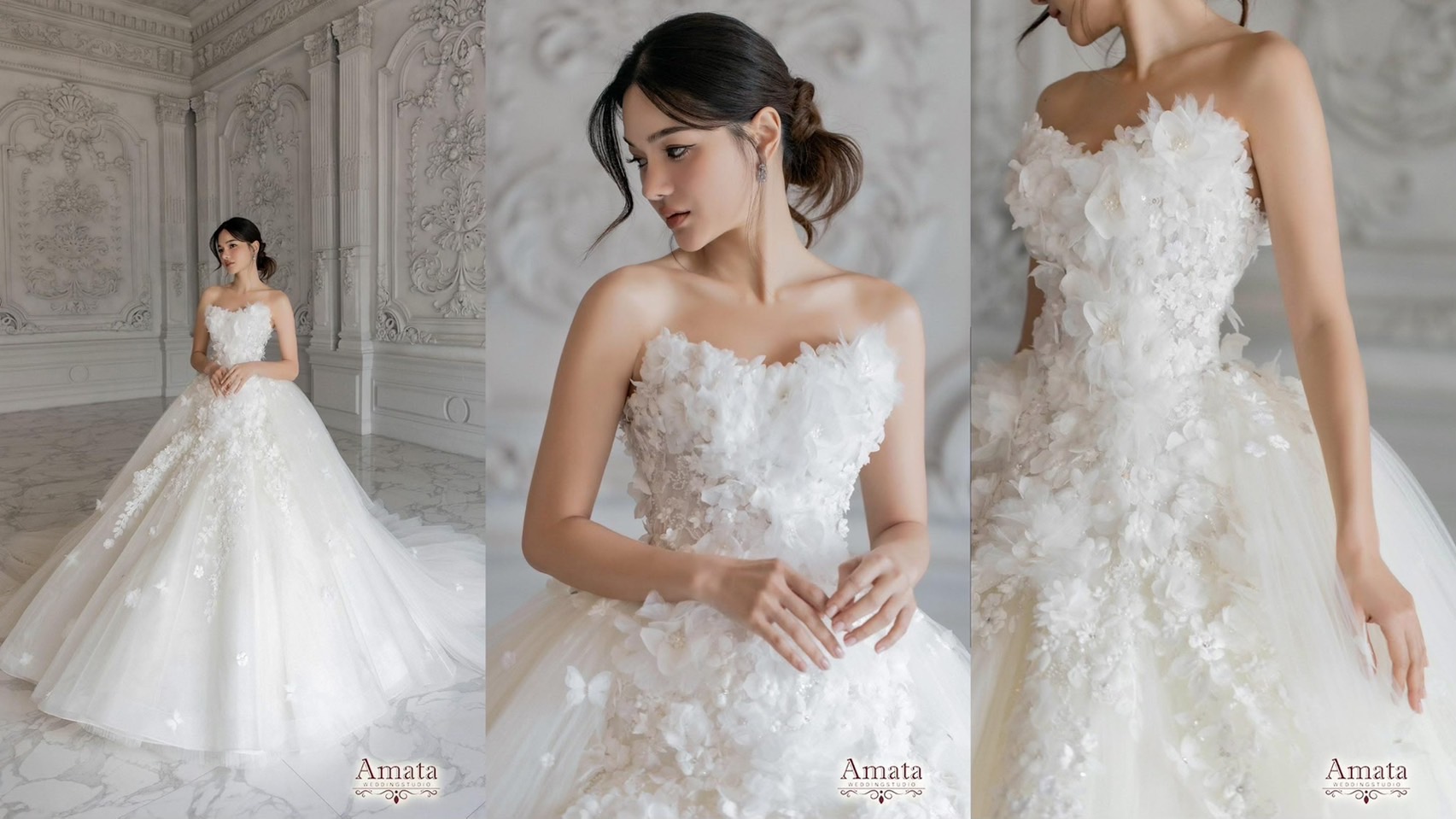 ชุดเจ้าสาวอกเล็กเพิ่มดีเทลงานปักดอกไม้สามมิติ