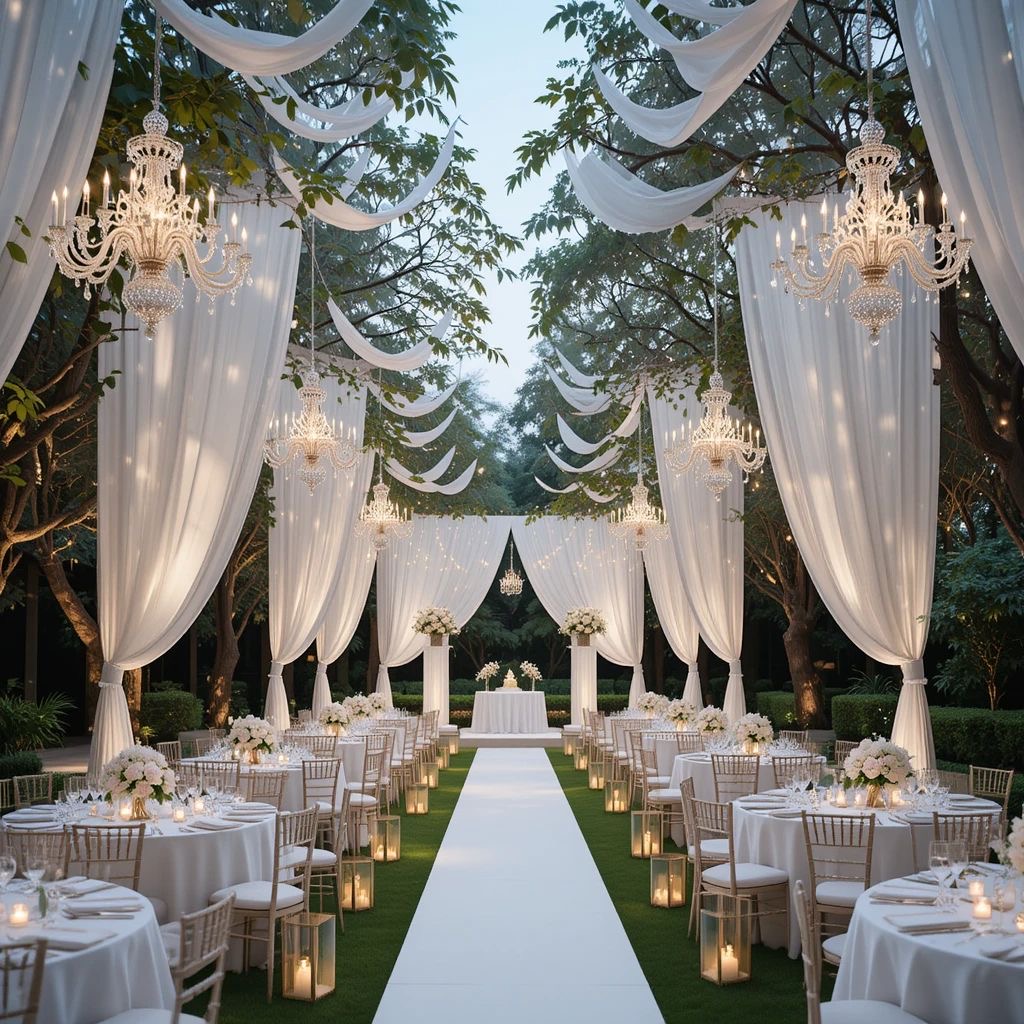 ตกแต่งเต็นท์งานแต่งด้วยผ้าม่านตามแนวยาว