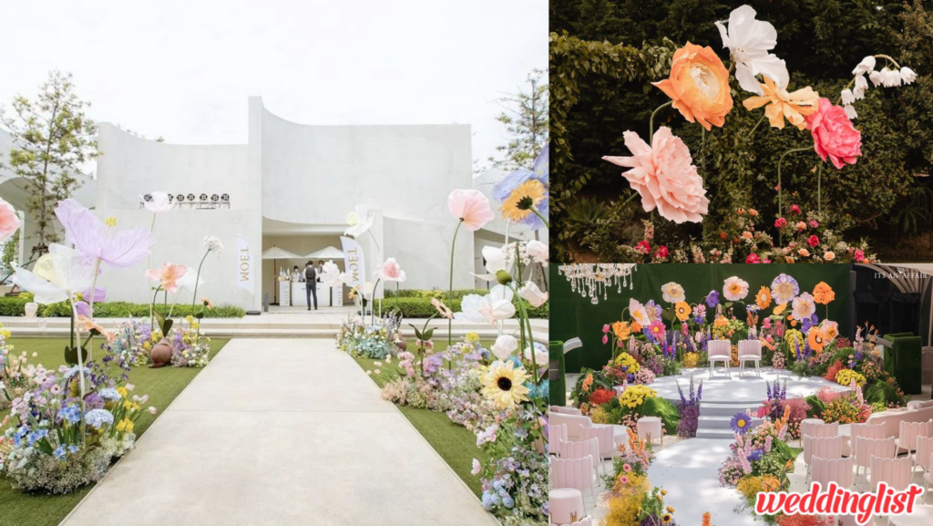 การใช้ซุ้มดอกไม้ประดิษฐ์มาจัดเป็นทางเดินงานแต่งงาน
