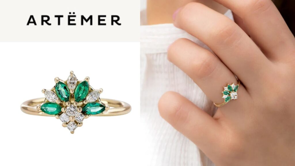 แบบแหวนแต่งงาน แหวนคลัสเตอร์ Artemer รุ่น Emerald and Diamond Cluster Engagement Ring